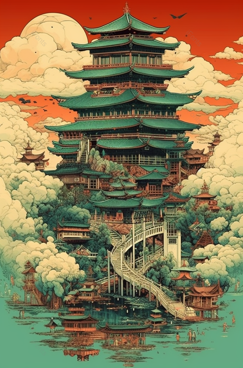 国潮风江西省南昌市滕王阁旅游景点插画,插画/手绘图,插画/手绘图库,插画/手绘图下载,插画/手绘